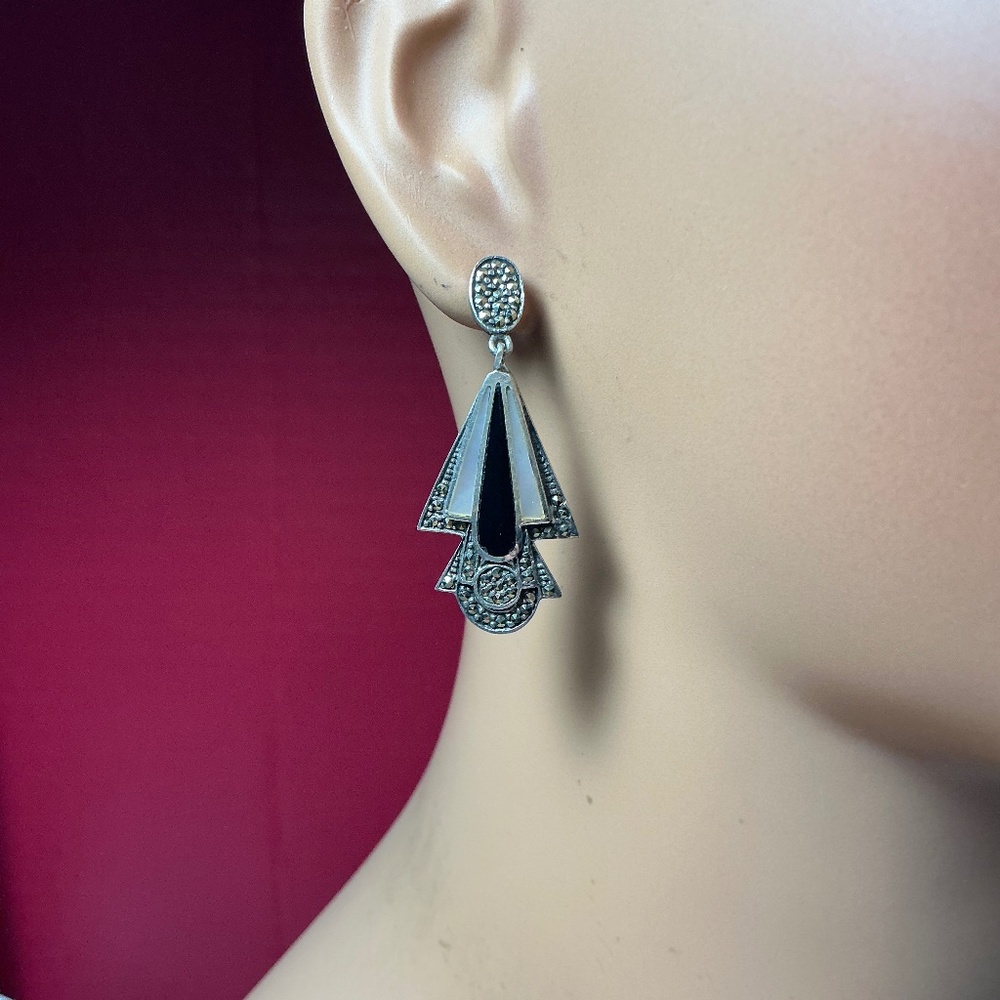 Sterling Silver Art Deco Black Onyx & Mother of Pearl Inlay Dangle Earrings 1.75